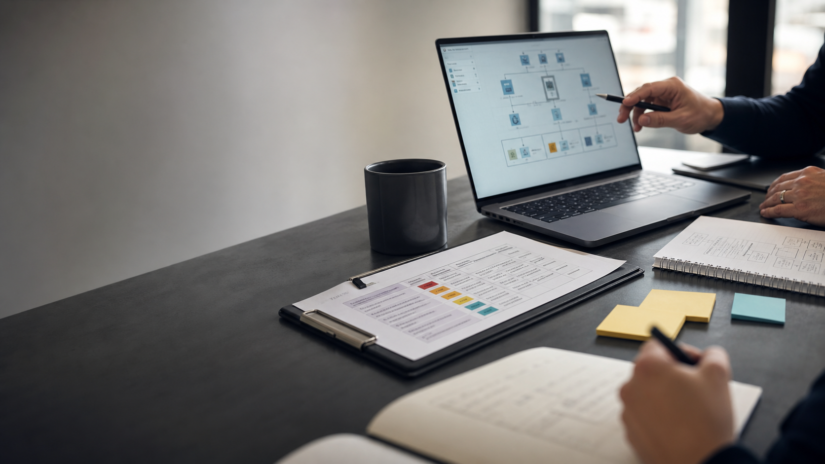 Laptop and notebook on a desk with a cup of coffee in a quiet workspace