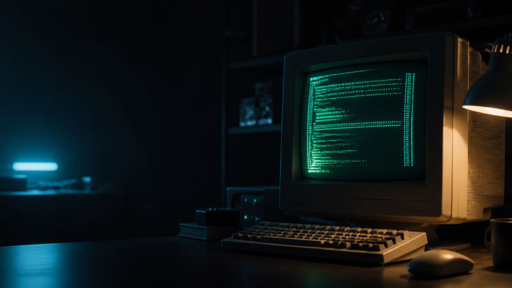 Old CRT monitor showing abstract Python code in a quiet engineering workspace