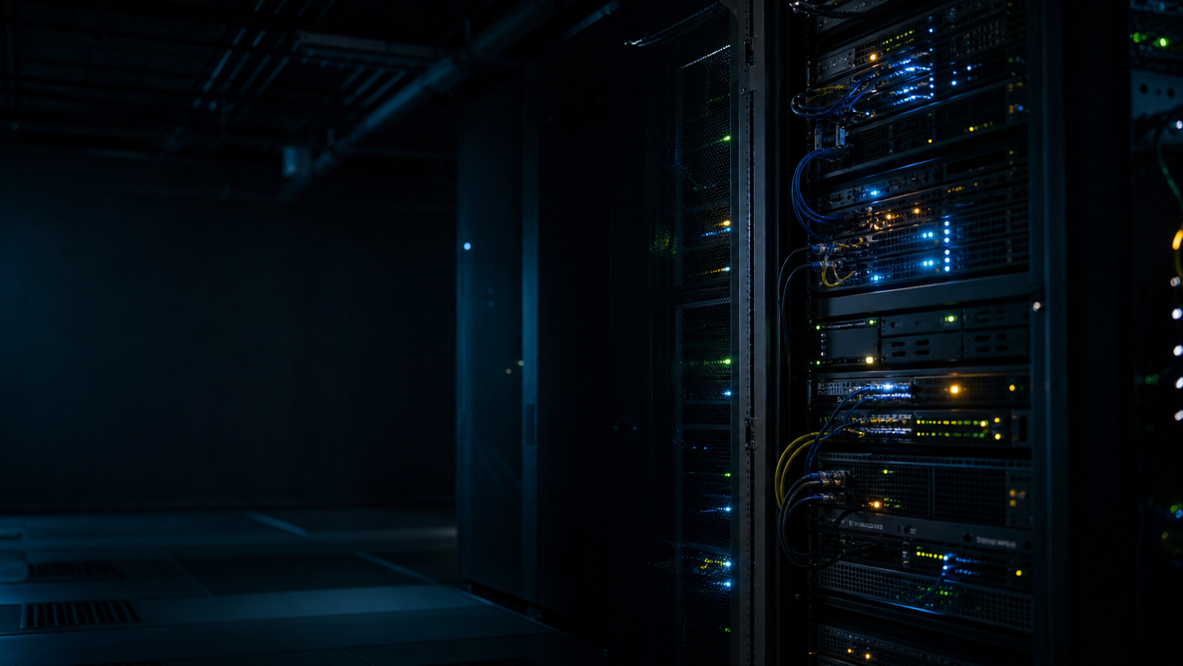 Server rack with glowing status lights