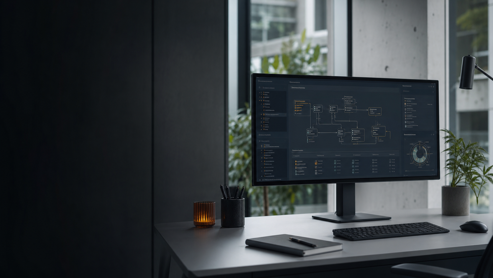 Modern software engineering workspace with architecture dashboards on a monitor